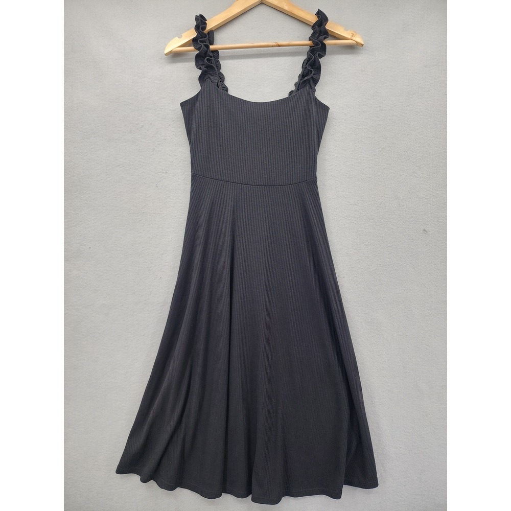 Rolla Coster Black Ribbed Skater Dress Ruffle Strap Fit Flare Mini Small RC-4706